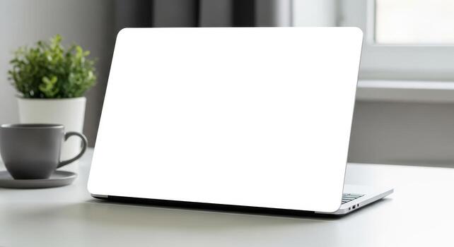 Modern Laptop with Coffee Cup and Plant photo