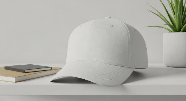 White Baseball Cap Mockup on Minimalist Shelf photo