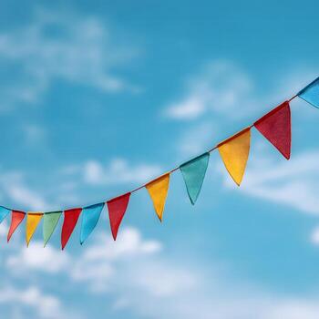 Diagonal string of multicolored bunting flags against a blue sky with wispy clouds photo