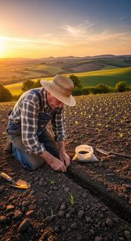Farmer planting seeds in a field at sunset with rolling hills in the background and a straw hat on head photo