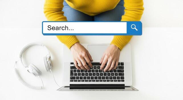 A person types on a laptop keyboard with a search bar and headphones on a white surface overhead view photo