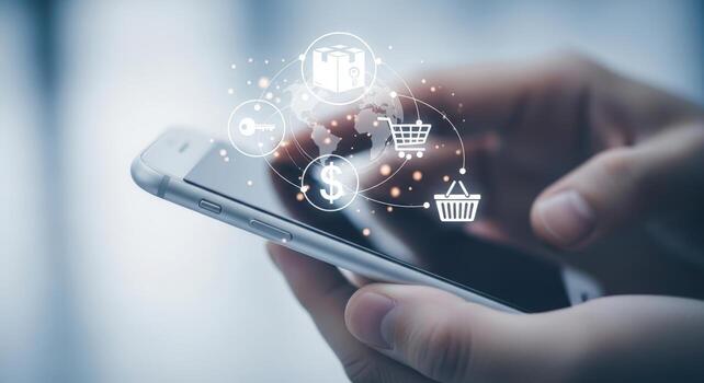 Person holding a smartphone with online shopping icons floating above the device screen display photo