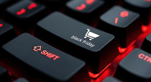Close up of a black keyboard with a black friday key and red backlighting visible on the keys photo