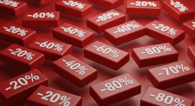 A red background filled with rectangular sale signs offering discounts of varying percentages photo