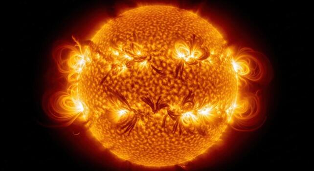 A detailed view of the sun showing solar flares and surface activity against a black background photo