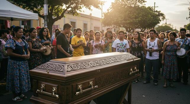 dolientes reunido alrededor un ataúd en un al aire libre ajuste con un brillante antecedentes y calle ver foto
