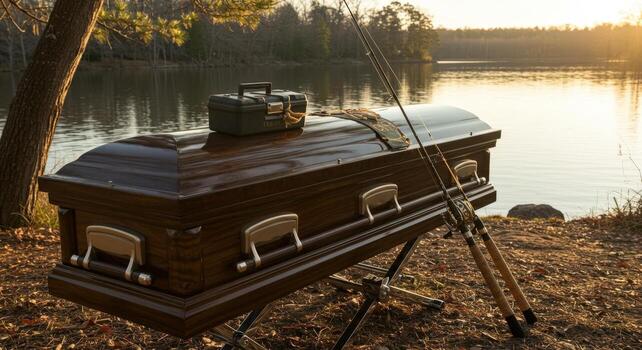A casket with a tackle box and fishing rods sits by a lake at sunset in a surreal composition photo