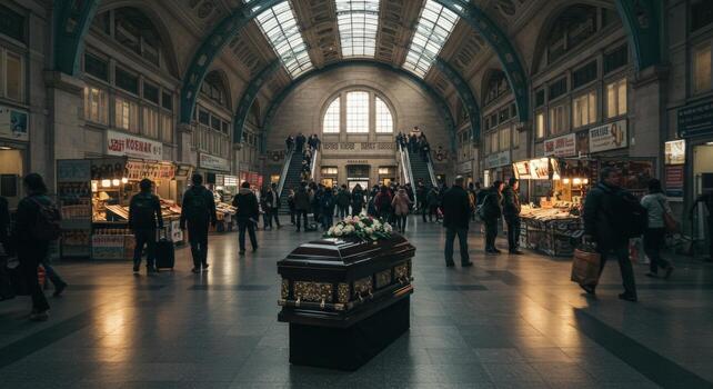 A coffin with white flowers sits in a busy train station with people and escalators in the background photo
