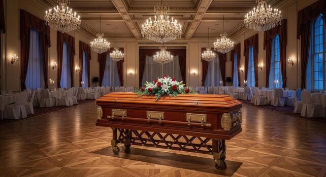 A casket with flowers in a large room with chandeliers and tables set for a gathering or memorial photo