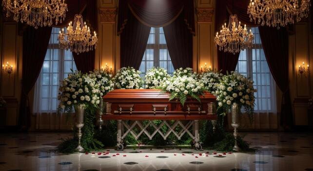 A polished wooden casket adorned with white floral arrangements in an elegant room setting with chandeliers photo