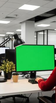 Person working at desk with green screen monitor and coffee cup in modern office setting photo