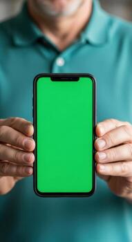 Person holding a smartphone with a green screen display in front of a teal shirt with both hands photo