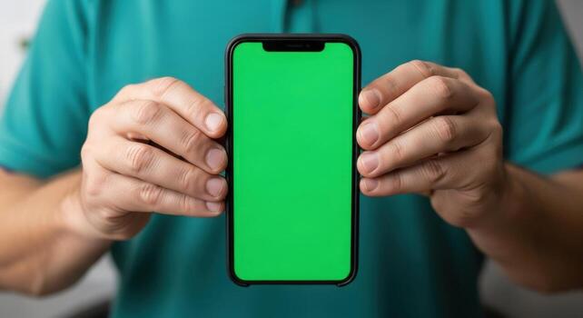 Person holding a smartphone with a green screen display in front of a teal shirt background photo