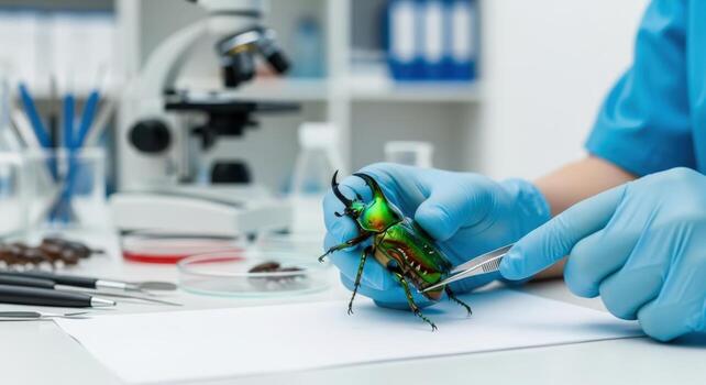 Scientist examines iridescent beetle with tweezers in a laboratory setting with microscope visible photo