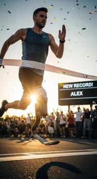 A man with a prosthetic leg crossing the finish line with confetti and a crowd cheering him on photo