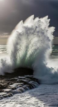 A large wave crashing against the rocky shore under a cloudy sky during the daytime seascape view photo