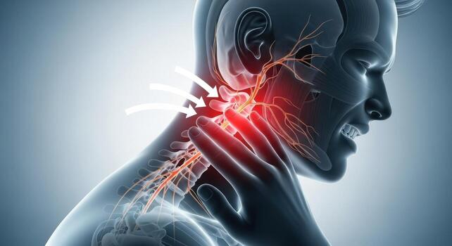 Man experiencing neck pain with visible nerves and arrows indicating the source of discomfort and inflammation photo
