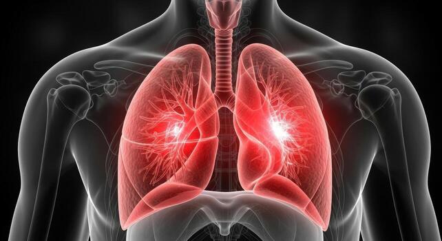 Human anatomy showing lungs with bright spots indicating potential issues or inflammation on a dark background photo