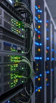 Close up of server racks with cables and blinking lights in a data center environment setting photo