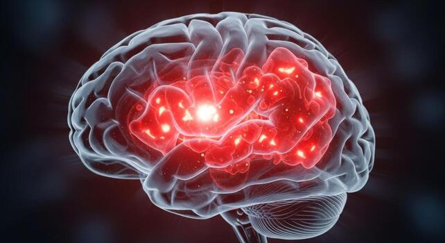 Illuminated brain with red areas highlighting activity and a transparent outer layer visible photo