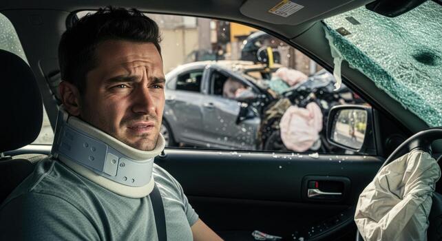 Man in neck brace inside damaged car with shattered windshield after a car accident scene view photo