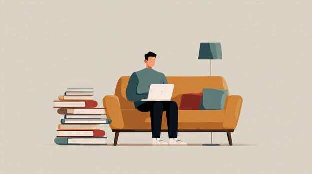 Man sitting on a sofa with a laptop next to a stack of books and a lamp in a minimalist style photo