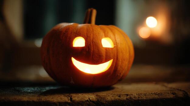 A smiling jack o lantern glowing in the dark on a stone surface with a blurred background light photo