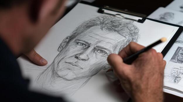 Artist is drawing a portrait with a pencil on a clipboard in a studio with sketches around him photo
