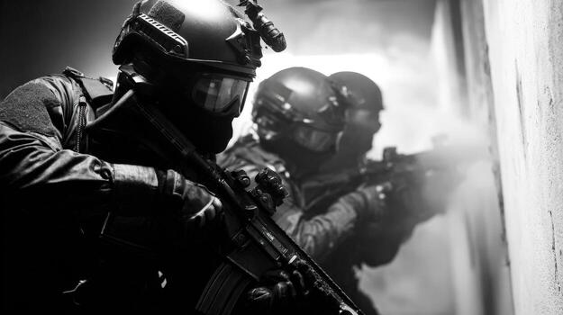 Swat team advancing in monochrome with rifles drawn and smoke filling the doorway in a dark environment photo