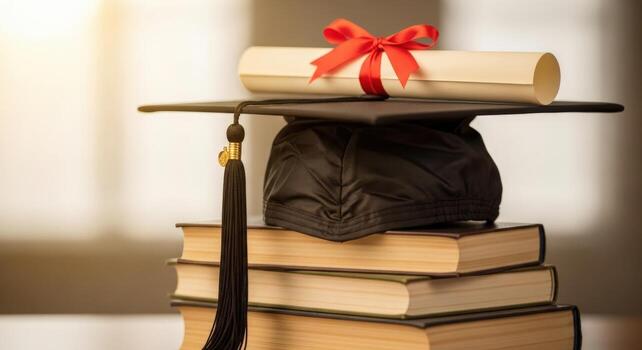 A graduation cap and diploma with red ribbon on top of a stack of books in a bright and airy setting photo