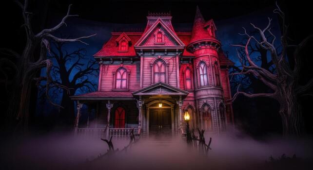 Ominous victorian house illuminated in red light with fog and bare trees at night time scene photo