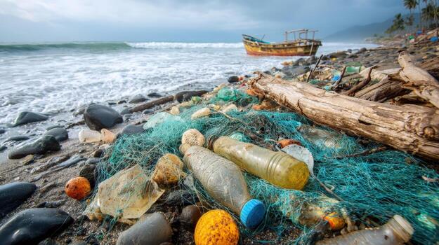 Polluted beach with plastic bottles and fishing net near a boat on a cloudy day by the ocean shore photo