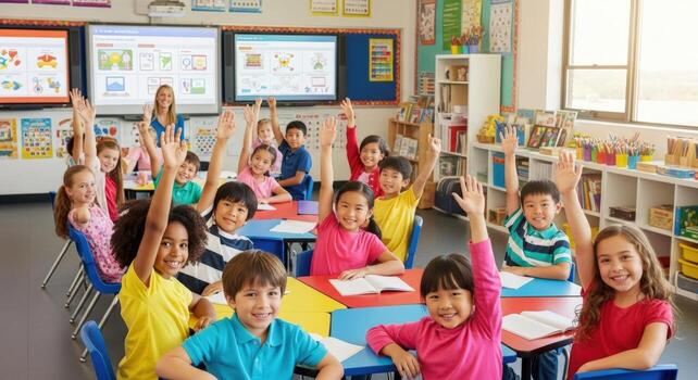 Diverse classroom of students raising hands with teacher in background near interactive whiteboards photo