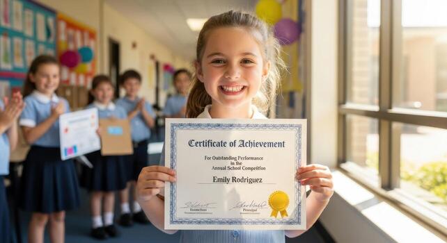 Smiling girl holding certificate of achievement in school hallway with classmates applauding photo