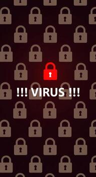 A virus warning displayed over a pattern of gray padlocks with one red padlock highlighted photo