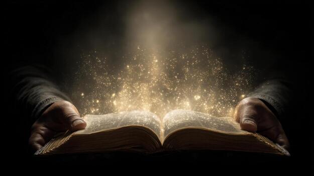 Hands holding an open book with glowing light and sparkles emanating from its pages on a dark background photo