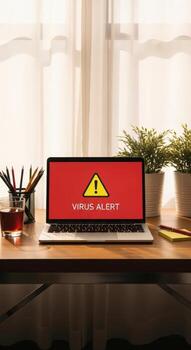 Laptop displaying a virus alert on a desk with plants and writing utensils near a window photo
