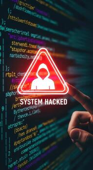 sistema pirateado alerta con encapuchado figura terminado fuente código y un dedo señalando a el pantalla foto