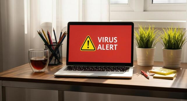 Laptop displaying virus alert on screen next to pencils and plants on a wooden surface near window photo
