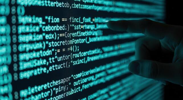 un mano señalando a líneas de cian código desplegado en un computadora pantalla en un oscuro ambiente foto