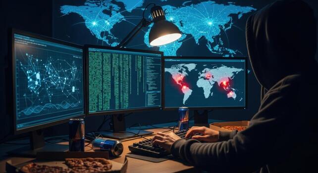 A hacker in a hoodie working at a computer with multiple screens displaying code and a world map photo