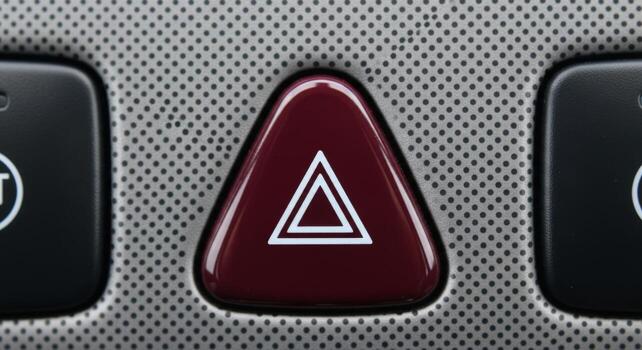 A close up of a car interior showing a red hazard light button with a double triangle symbol on it photo