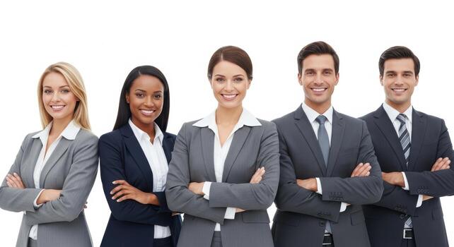 Group of five diverse business people standing with arms crossed smiling on a white background studio shot photo