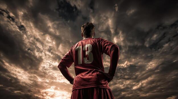 A soccer player in red jersey with number thirteen standing against dramatic cloudy sky from behind photo