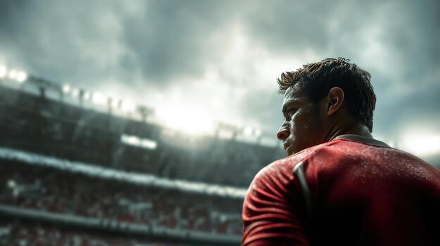 A soccer player looking towards the stadium with a cloudy sky on a bright sunny day in the background photo