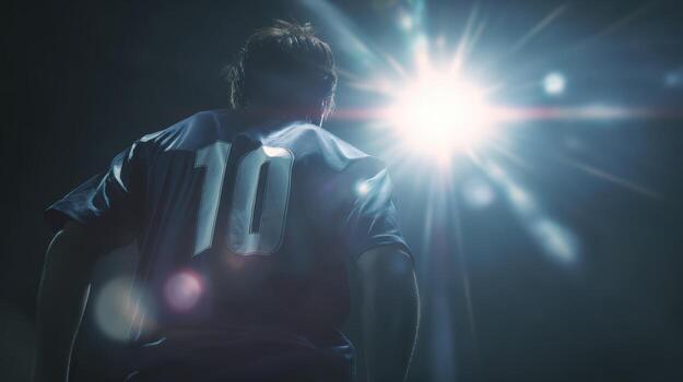 A soccer player wearing number ten jersey stands facing bright stadium lights from the back view photo