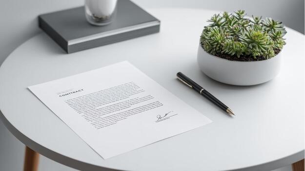 Contract document with pen and succulent on a white table ready for signing and business agreement photo