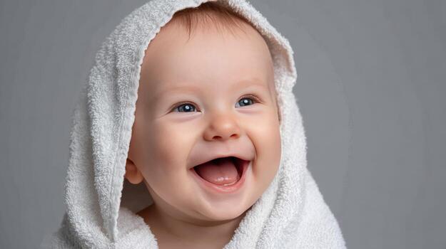 Close up of a smiling baby wrapped in a white towel against a plain gray studio background portrait photo
