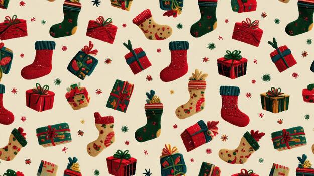 Seamless christmas pattern with gift boxes and stockings on a light beige background design element photo