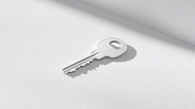 A minimalist image of a metal key lying on a clean white surface. Light and shadow play, creating a sense of simplicity and modern design. photo